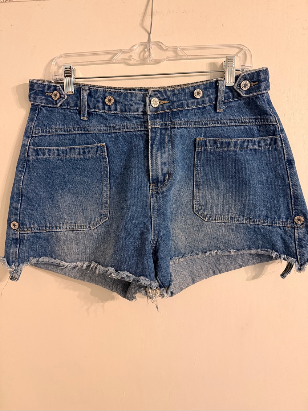 High-Rise Blue Denim Shorts with Raw Hem